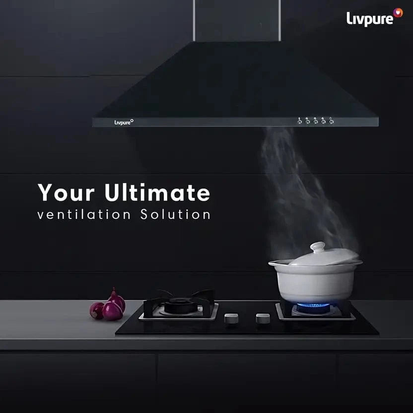 Livpure  LIVPURE AIRIS-NEO-60 Pyramid Shape 60 cm| 3 Layer Baffle Filter|Powerful suction | 5 Years Motor Warranty| Low Noise |LED Lamp | Push Button Control Wall Mounted Black 1000 CMH Chimney
