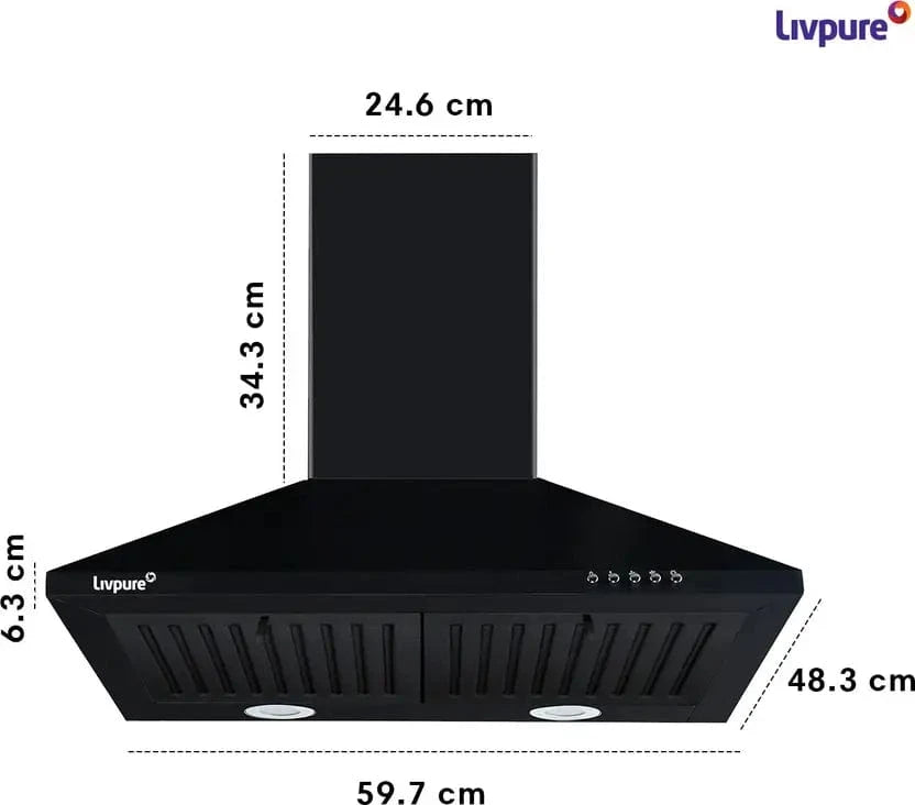 Livpure  LIVPURE AIRIS-NEO-60 Pyramid Shape 60 cm| 3 Layer Baffle Filter|Powerful suction | 5 Years Motor Warranty| Low Noise |LED Lamp | Push Button Control Wall Mounted Black 1000 CMH Chimney