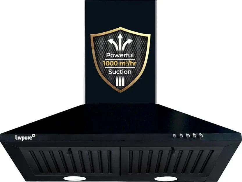 Livpure  LIVPURE AIRIS-NEO-60 Pyramid Shape 60 cm| 3 Layer Baffle Filter|Powerful suction | 5 Years Motor Warranty| Low Noise |LED Lamp | Push Button Control Wall Mounted Black 1000 CMH Chimney