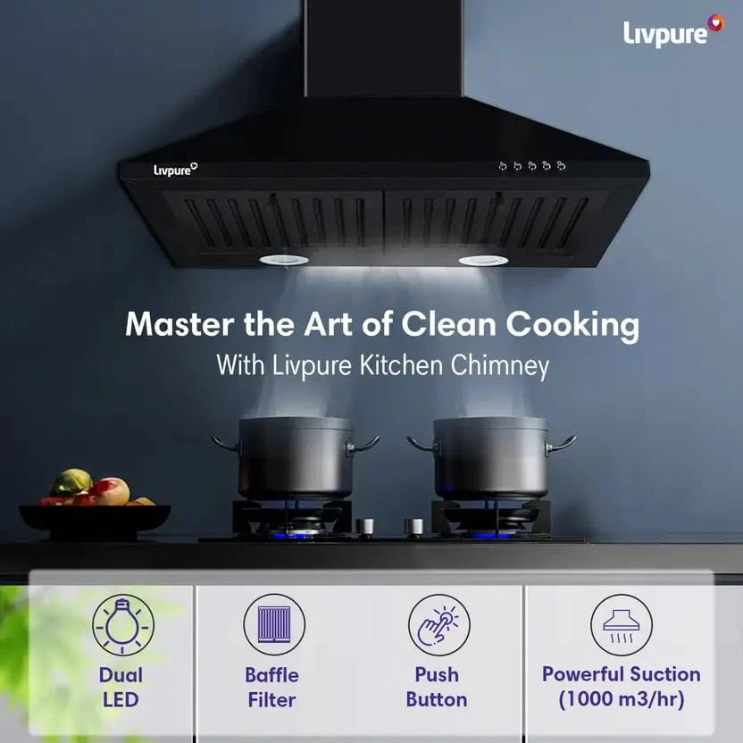 Livpure  LIVPURE AIRIS-NEO-60 Pyramid Shape 60 cm| 3 Layer Baffle Filter|Powerful suction | 5 Years Motor Warranty| Low Noise |LED Lamp | Push Button Control Wall Mounted Black 1000 CMH Chimney