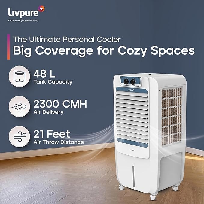 Livpure Livpure Coolmist Personal Air Cooler-48 L With 12'' Fan, Anti-Bacterial Honeycomb Pad, Ice Chamber And 2 Year Warranty On Motor (White Colour),170 Watts