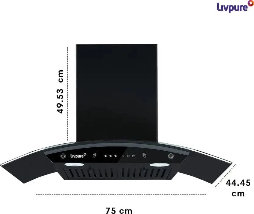 Livpure  LIVPURE LIV-ELEGA-75-BF-AUTOCLEAN Auto Clean Curved Glass 75 cm| 6 Years Motor Warranty|Heat Autoclean| Gesture Control| Baffle Filter|Powerful Suction | Low Noise Wall Mounted Black 1300 CMH Chimney