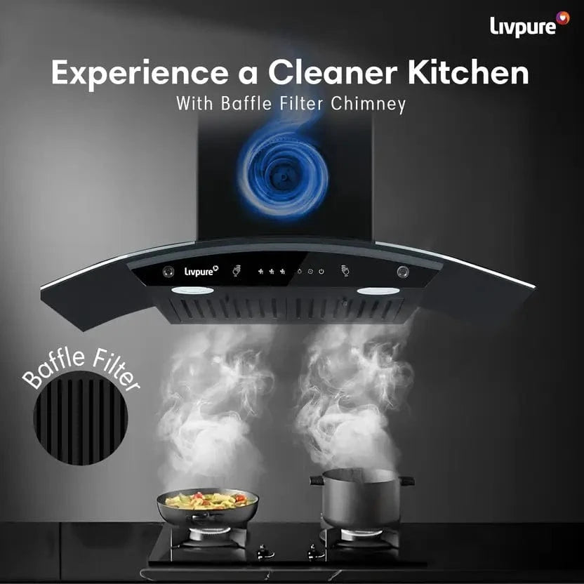 Livpure  LIVPURE LIV-ELEGA-75-BF-AUTOCLEAN Auto Clean Curved Glass 75 cm| 6 Years Motor Warranty|Heat Autoclean| Gesture Control| Baffle Filter|Powerful Suction | Low Noise Wall Mounted Black 1300 CMH Chimney