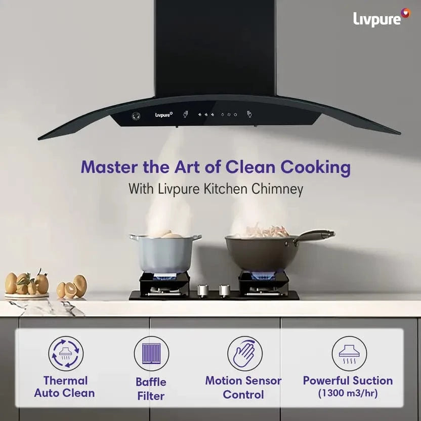 Livpure  LIVPURE LIV-ELEGA-75-BF-AUTOCLEAN Auto Clean Curved Glass 75 cm| 6 Years Motor Warranty|Heat Autoclean| Gesture Control| Baffle Filter|Powerful Suction | Low Noise Wall Mounted Black 1300 CMH Chimney
