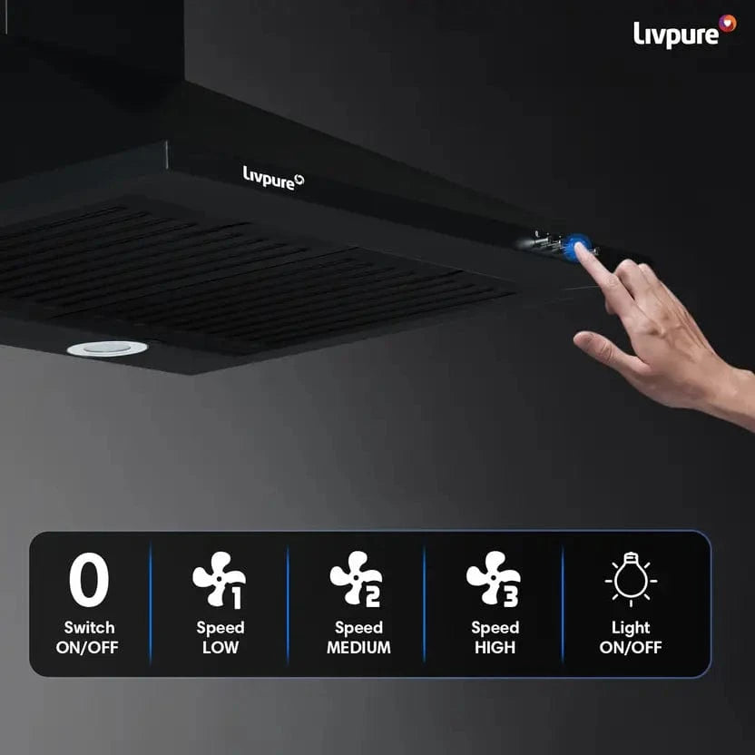 Livpure  LIVPURE AIRIS-NEO-60 Pyramid Shape 60 cm| 3 Layer Baffle Filter|Powerful suction | 5 Years Motor Warranty| Low Noise |LED Lamp | Push Button Control Wall Mounted Black 1000 CMH Chimney