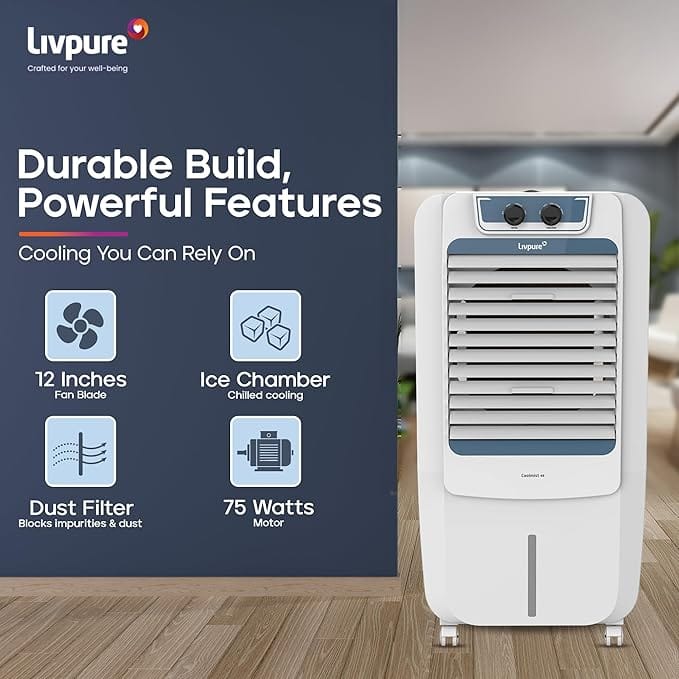Livpure  Livpure Coolmist Personal Air Cooler-48 L With 12'' Fan, Anti-Bacterial Honeycomb Pad, Ice Chamber And 2 Year Warranty On Motor (White Colour),170 Watts