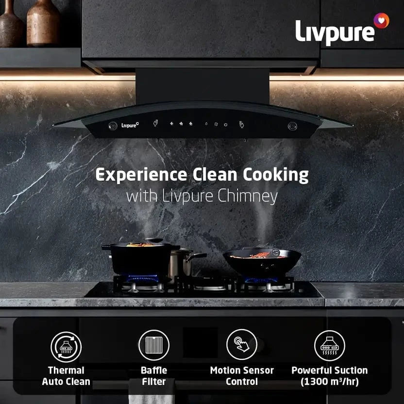Livpure  LIVPURE Elega-60 Auto Clean Curved Glass 60 cm| 6 Years Motor Warranty|Heat Autoclean| Gesture Control| Baffle Filter|Powerful Suction | Low Noise Wall Mounted Black 1300 CMH Chimney