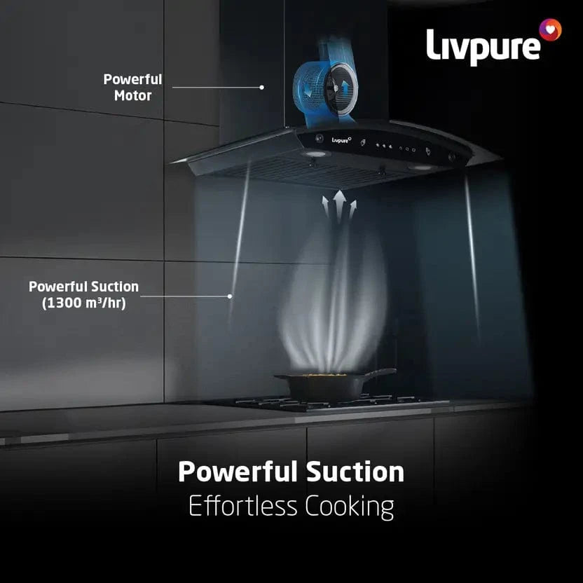 Livpure  LIVPURE Elega-60 Auto Clean Curved Glass 60 cm| 6 Years Motor Warranty|Heat Autoclean| Gesture Control| Baffle Filter|Powerful Suction | Low Noise Wall Mounted Black 1300 CMH Chimney