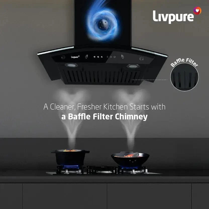 Livpure  LIVPURE Elega-60 Auto Clean Curved Glass 60 cm| 6 Years Motor Warranty|Heat Autoclean| Gesture Control| Baffle Filter|Powerful Suction | Low Noise Wall Mounted Black 1300 CMH Chimney