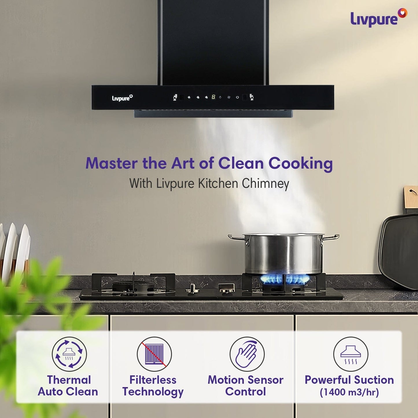 Livpure  Livpure Fenix 60 Cm 1400 m3/hr T-Shape | Filterless Auto Clean Kitchen Chimney with Oil collector