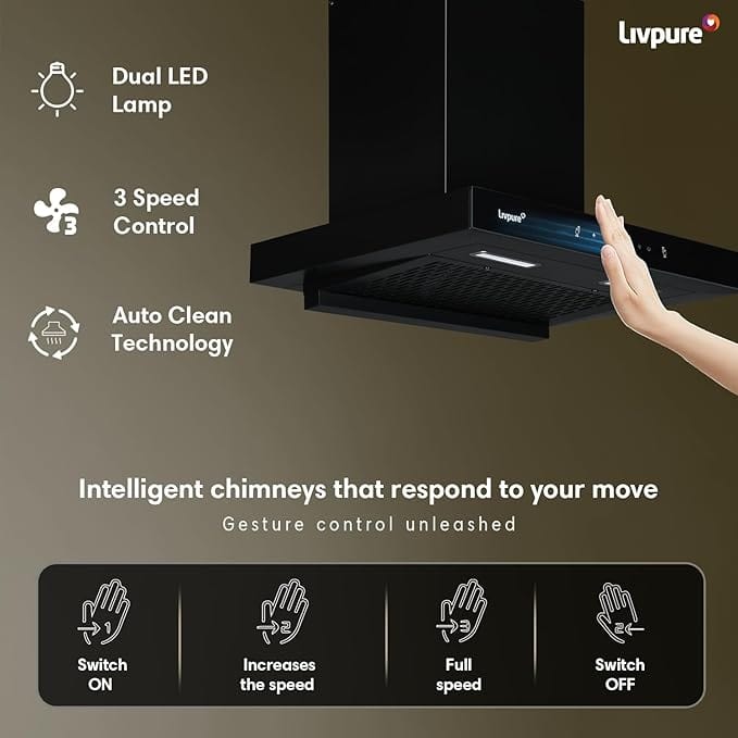 Livpure  Livpure Fenix 60 Cm 1400 m3/hr T-Shape | Filterless Auto Clean Kitchen Chimney with Oil collector