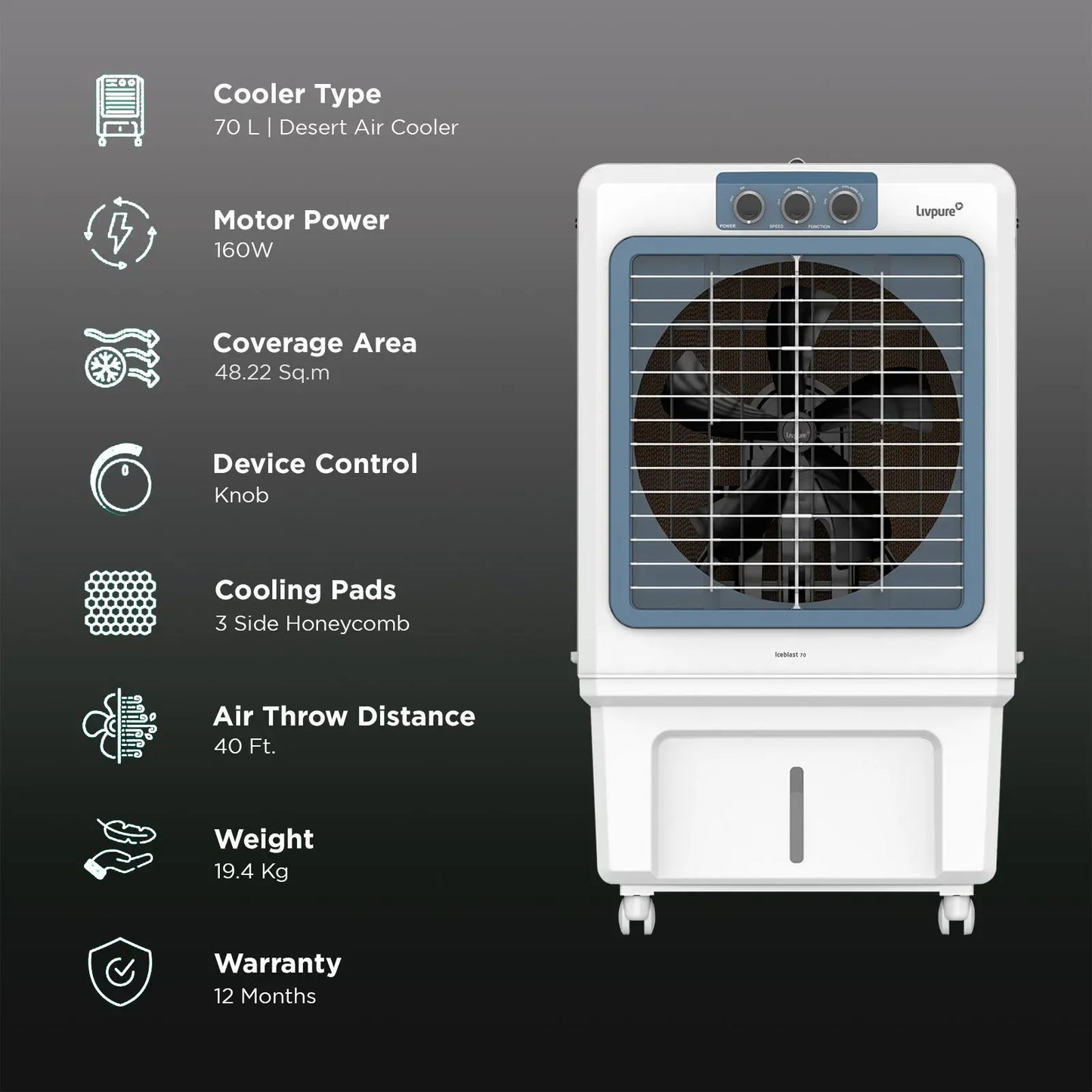 Livpure  Livpure Iceblast 70 Litres Desert Air Cooler with Ice Chamber (Thermal Overload Protection, White and Blue)