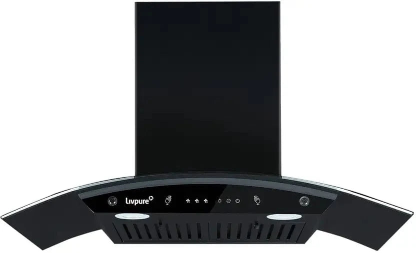 Livpure  LIVPURE LIV-ELEGA-75-BF-AUTOCLEAN Auto Clean Curved Glass 75 cm| 6 Years Motor Warranty|Heat Autoclean| Gesture Control| Baffle Filter|Powerful Suction | Low Noise Wall Mounted Black 1300 CMH Chimney