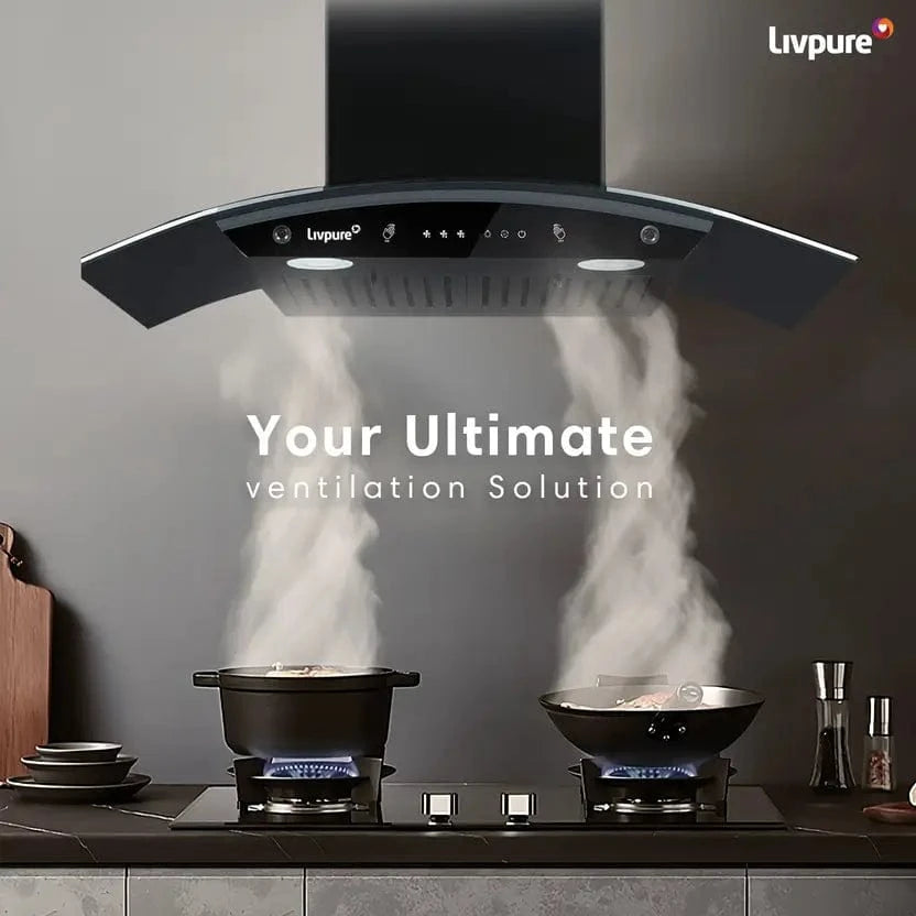 Livpure  LIVPURE LIV-ELEGA-75-BF-AUTOCLEAN Auto Clean Curved Glass 75 cm| 6 Years Motor Warranty|Heat Autoclean| Gesture Control| Baffle Filter|Powerful Suction | Low Noise Wall Mounted Black 1300 CMH Chimney
