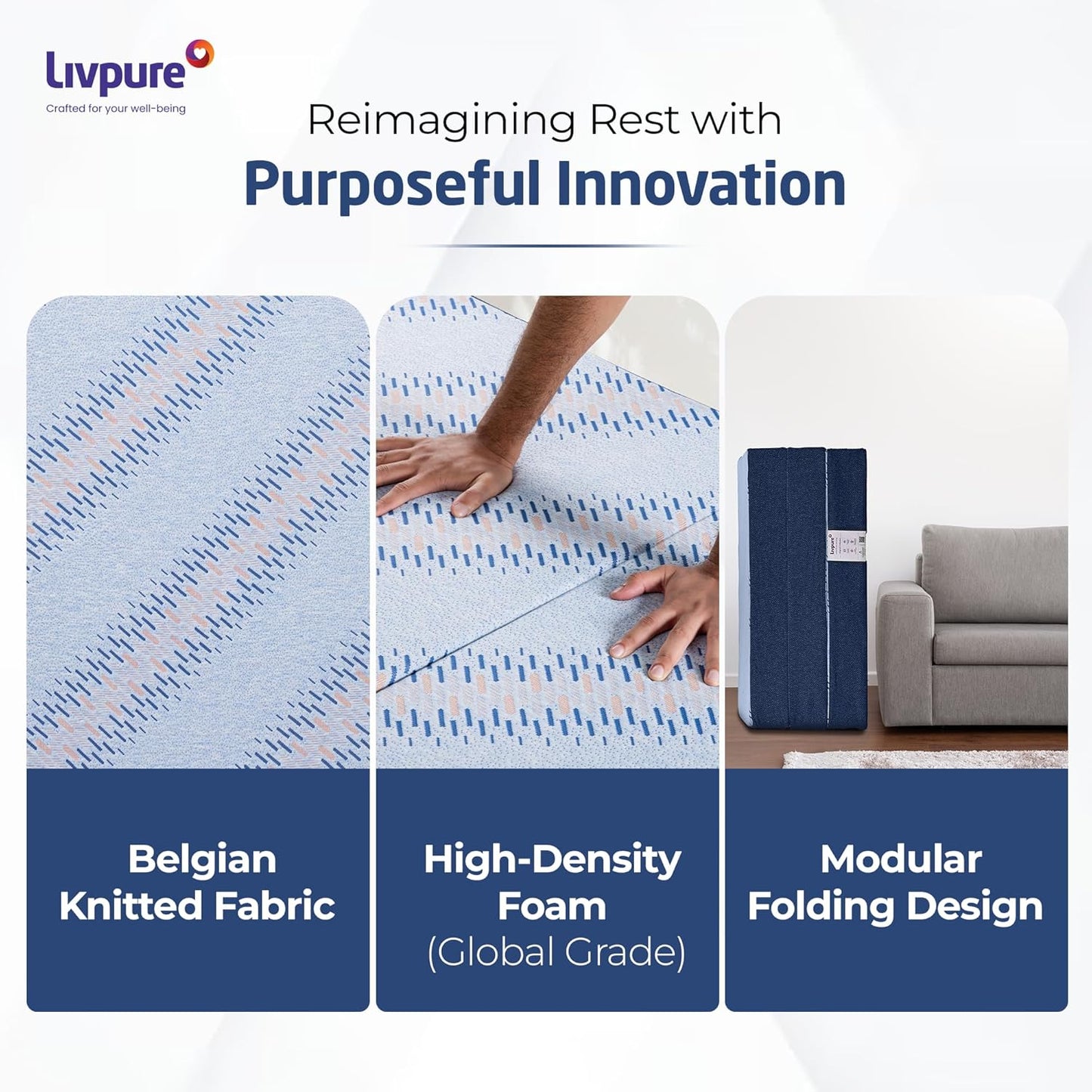 Livpure  Livpure Smart Tri-Fold  Mattress | Foldable Bed | Guest Bed | Travel | Camping | Portable | Single | 72X30X3 Inches
