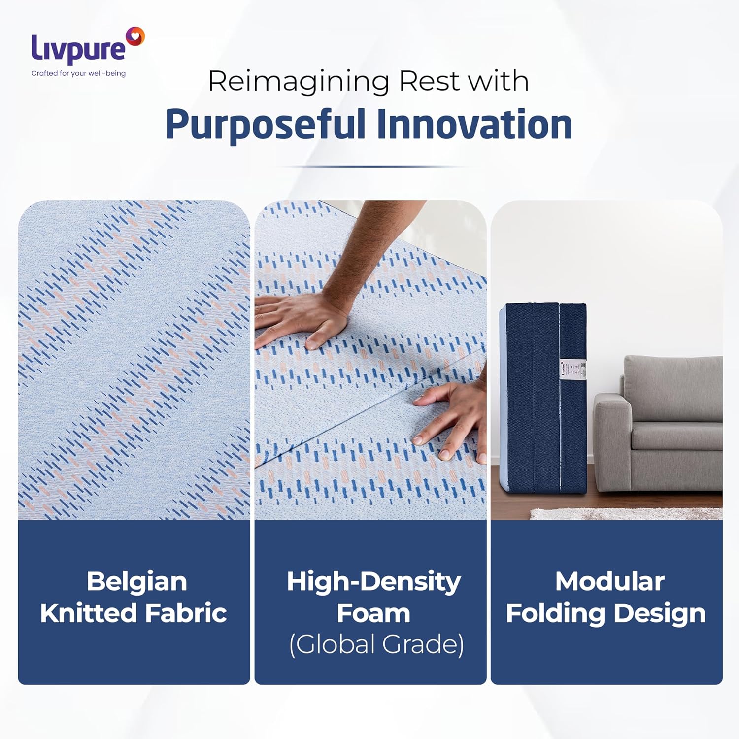 Livpure  Livpure Smart Tri-Fold  Mattress | Foldable Bed | Guest Bed | Travel | Camping | Portable | Single | 72X30X3 Inches