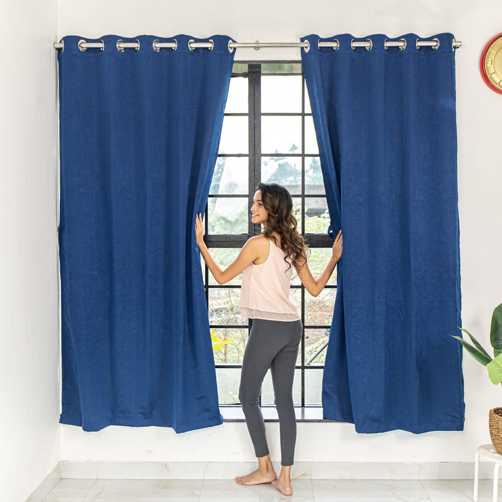 Livpure Sleep Bed & Linen Door (7 ft / 213.36 cm) / Navy Blue / Pack of 4 Blackout Curtains (Leaf Pattern)