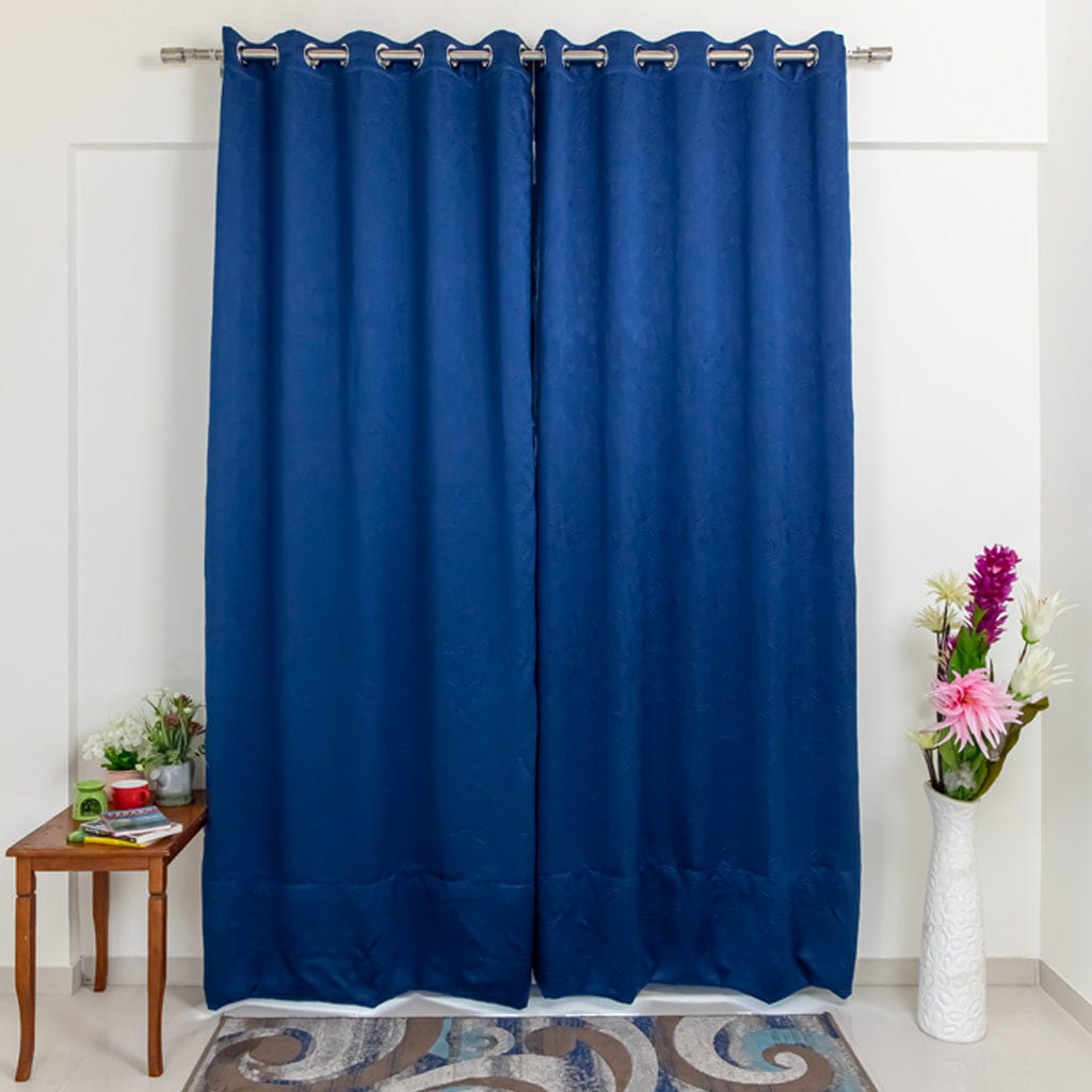Livpure Sleep Bed & Linen Long Door (9 ft / 274.32 cm) / Navy Blue / Pack of 1 Blackout Curtains (Leaf Pattern)