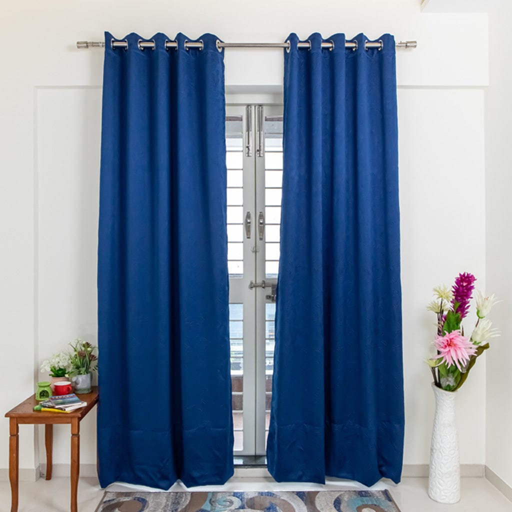 Livpure Sleep Bed & Linen Long Door (9 ft / 274.32 cm) / Navy Blue / Pack of 2 Blackout Curtains (Leaf Pattern)