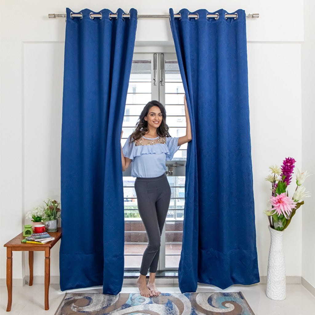 Livpure Sleep Bed & Linen Long Door (9 ft / 274.32 cm) / Navy Blue / Pack of 4 Blackout Curtains (Leaf Pattern)